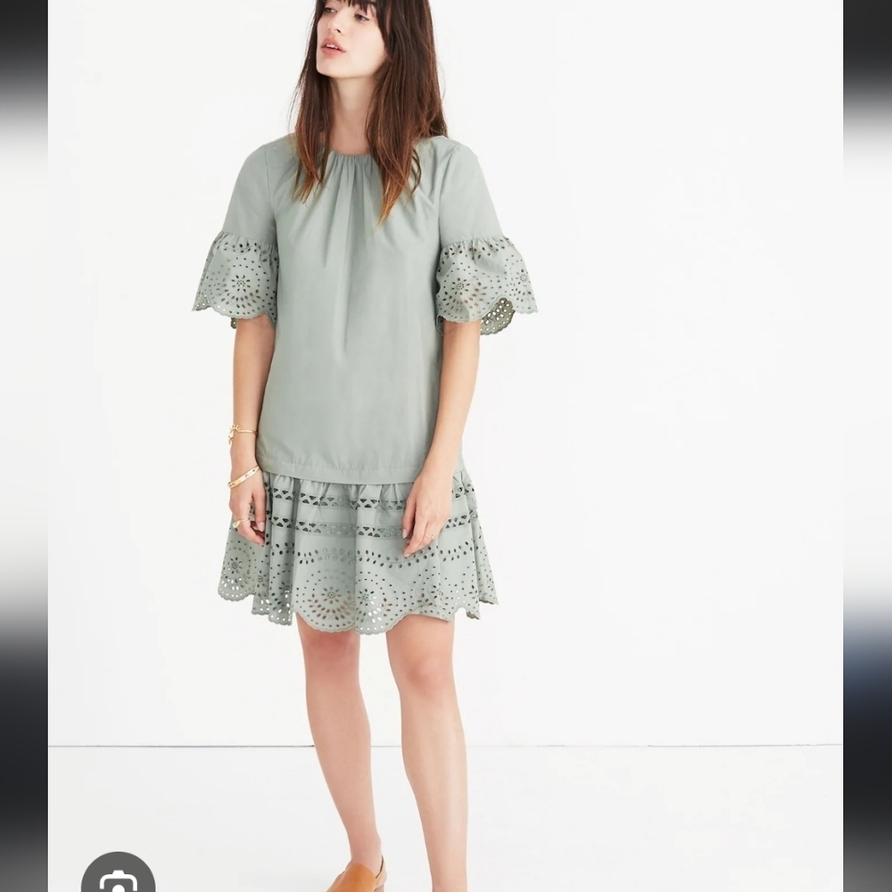 Madewell Eyelet Drop Waist Mini Dress 100% Cotton in Sage Green Size Small
